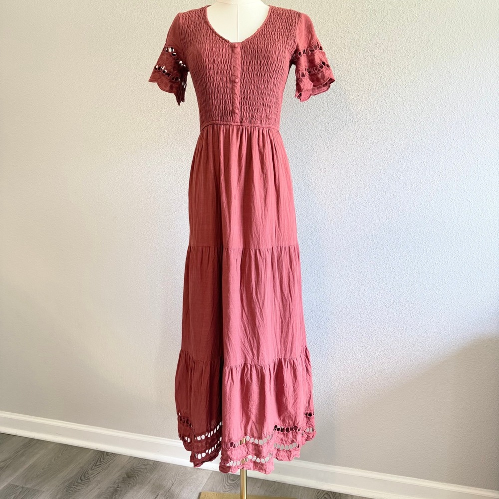 One Loved Babe Terracotta Smocked Eyelet Maxi Dress Size XS Romantic Cottagecore